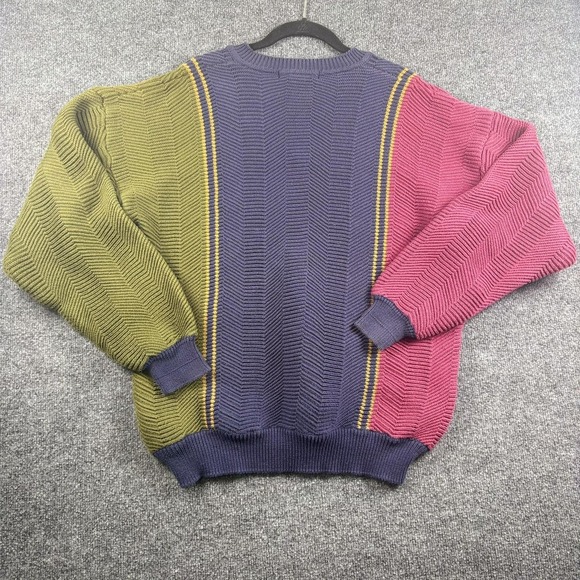 Vintage Izod Club Sweater Mens Large Multi Color Cotton V Neck Chevron 80s - Picture 2 of 9